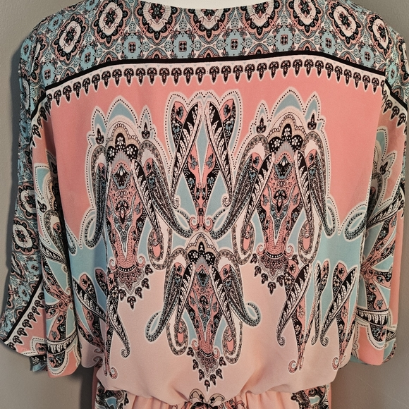 Cato Peach and Teal Boho Print Faux Wrap Style Dress with Deep V Neck - Picture 9 of 11